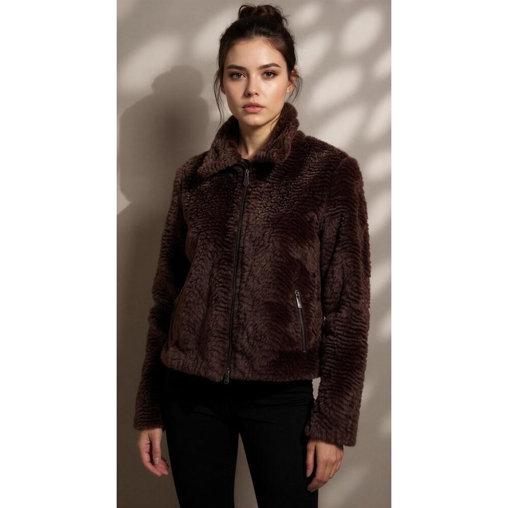 Giancarlo Ferrari Jacket‎ Womens 12 Brown Textured Faux Fur Full Zip Lined